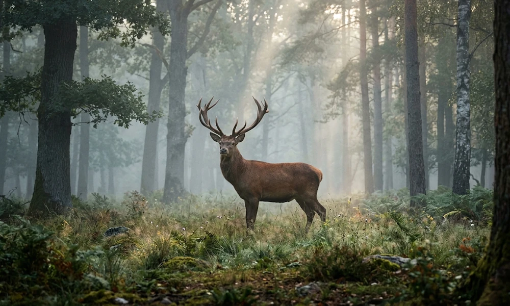 Stag standing still in a misty forest, watching for danger