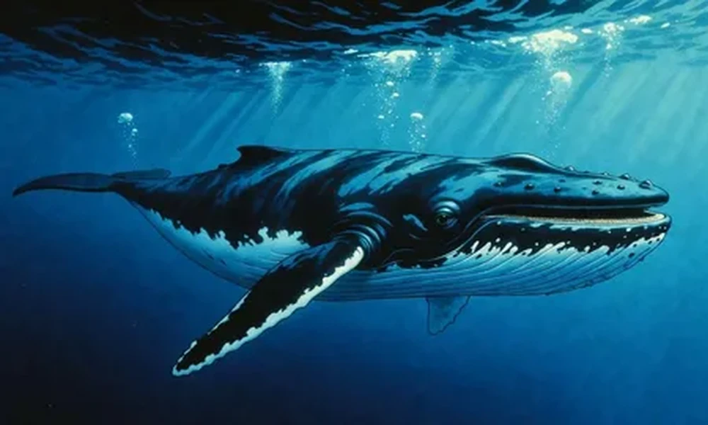 Illustration of a blue whale swimming underwater, with sunlight streaming down through the deep blue water.