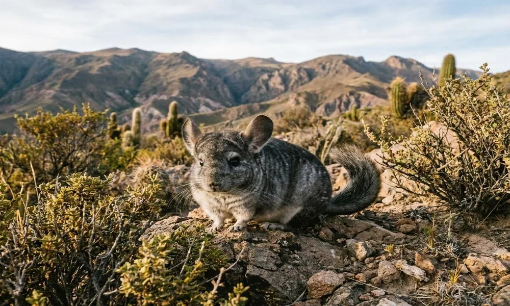 A gray wild chinchilla sitting on a rocky ledge in the high Andes mountains.