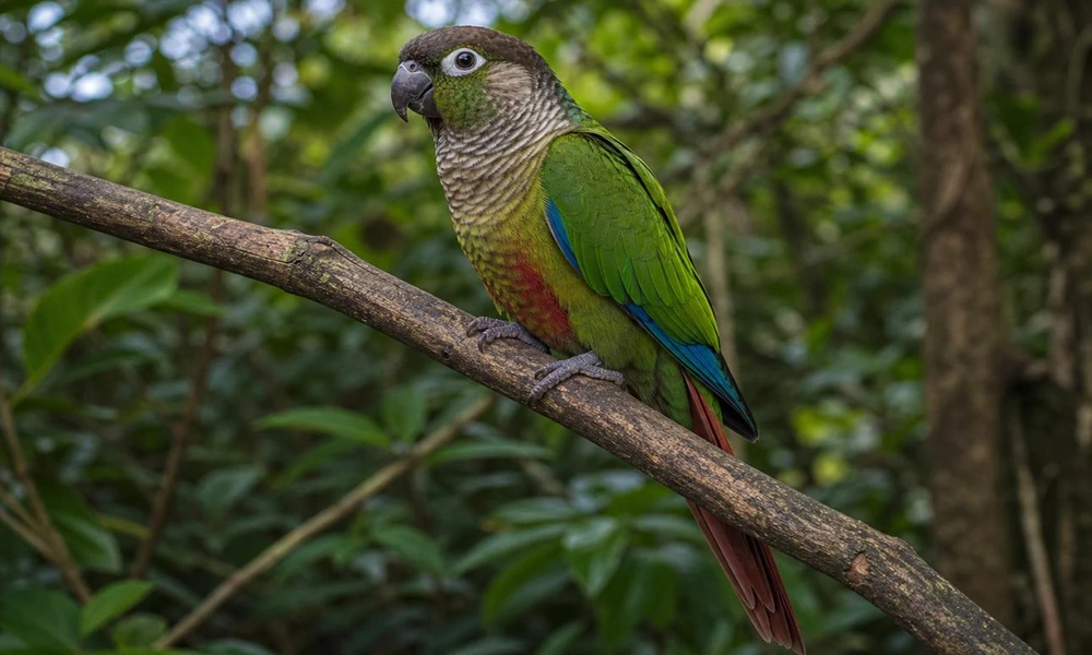 A colorful green-cheeked conure perched on a branch surrounded by tropical vegetation.