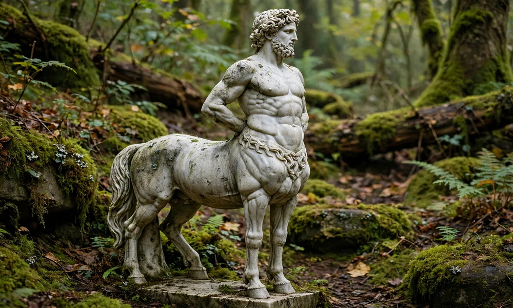 Photorealistic image of a white marble centaur statue with curly hair and a beard, upper body of a muscular man and lower body of a horse, standing on a stone base in a lush green forest with mossy rocks, fallen logs, and ferns, showing signs of age with lichen and dirt on the stone.