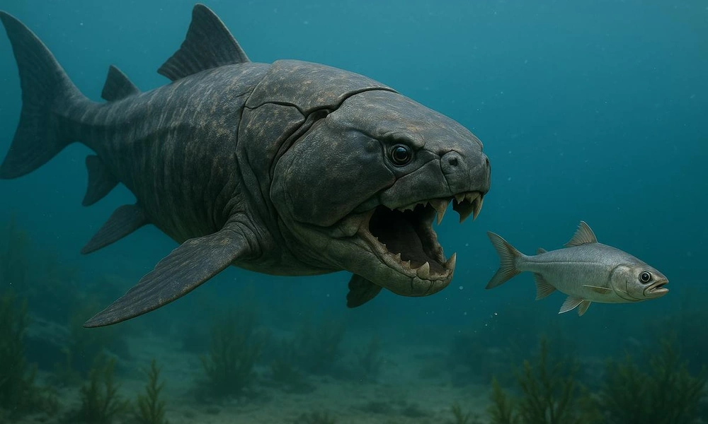 Dunkleosteus swimming through a prehistoric Devonian ocean.