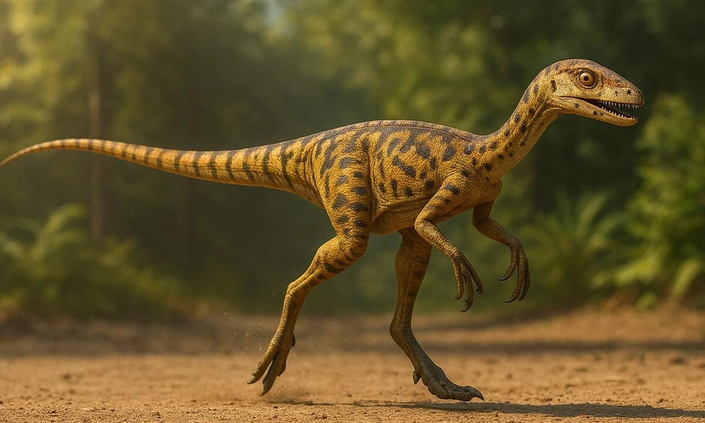 Eoraptor dinosaur walking through a Late Triassic landscape.