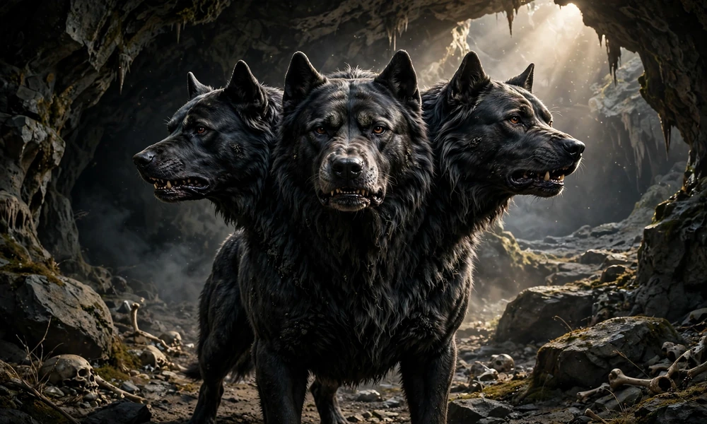 Photorealistic image of Cerberus, a massive black three-headed dog with thick fur and amber eyes, standing alert inside a dark rocky cave with light streaming through the entrance and bones scattered on the ground.