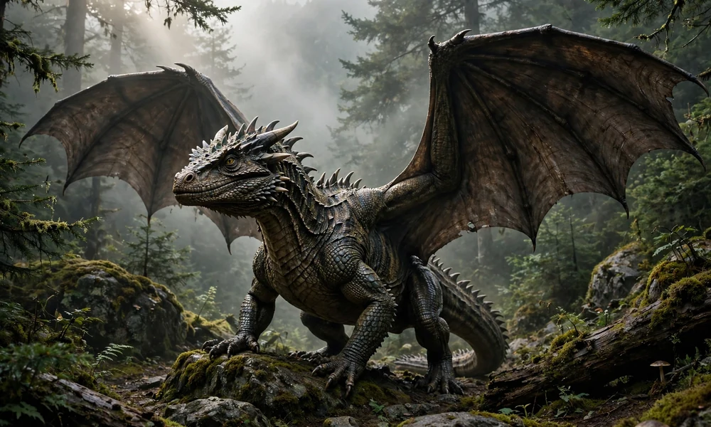 Photorealistic image of a large scaled dragon with wings spread wide, standing in a foggy forest with moss-covered rocks and trees.