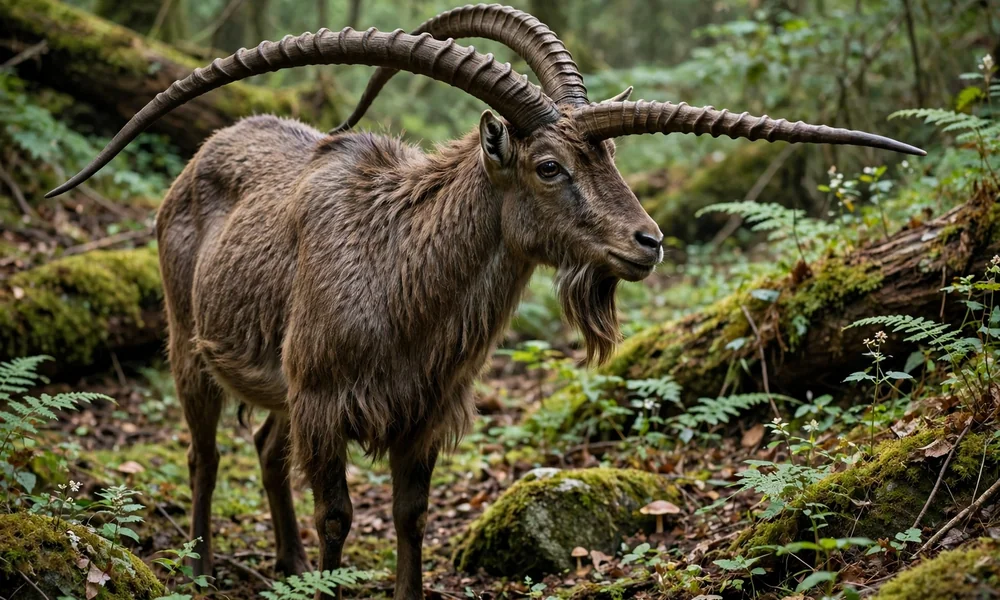 Photorealistic image of the mythical Eale, a goat-like brown mammal with a beard and two extremely long, curved, ringed horns pointing forward, standing on damp forest floor with moss-covered logs and ferns.