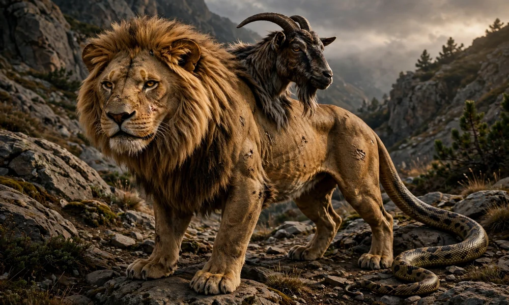 Photorealistic image of the Chimera, a mythical creature with the body and head of a battle-scarred lion, a goat head emerging from its back, and a long snake tail, standing on rocky mountain terrain under dramatic cloudy light.