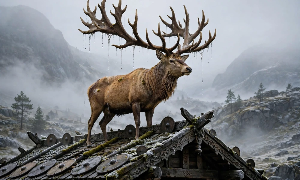 Photorealistic image of a large brown stag with huge branching antlers dripping water droplets, standing on a mossy, shield-covered wooden Viking hall roof, with misty gray mountains and fog in the background.