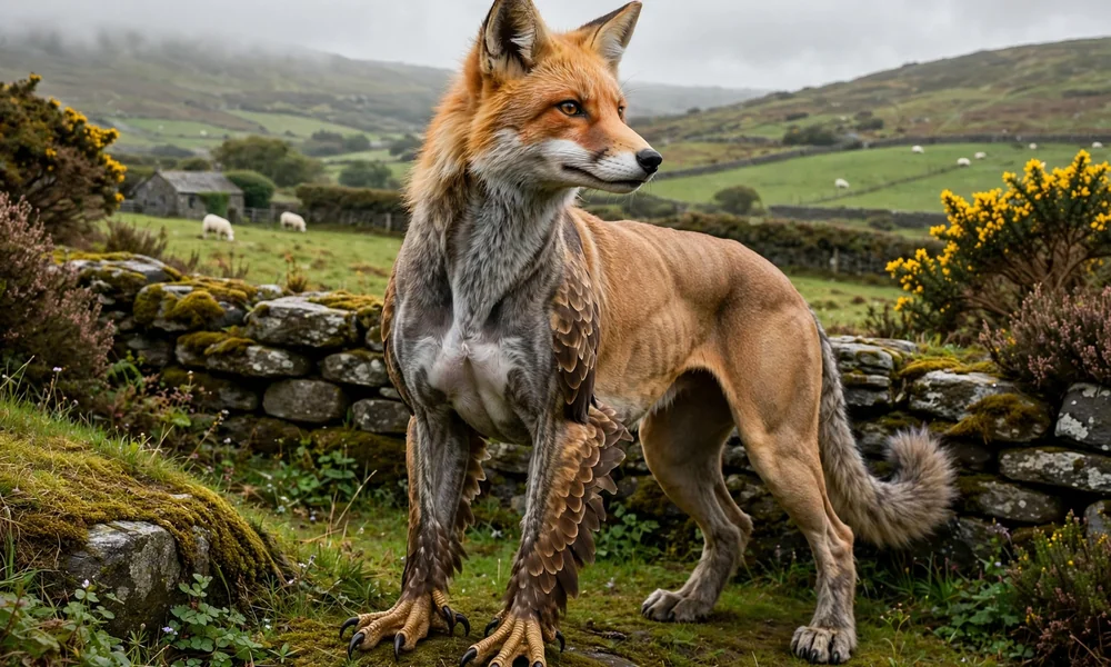 Photorealistic image of the Enfield, a chimera with a red fox head, greyhound chest, eagle talons and feathered forelegs, tan lion-like body and bushy wolf tail, standing on mossy grass beside a stone wall in green rolling hills with sheep and gorse flowers.