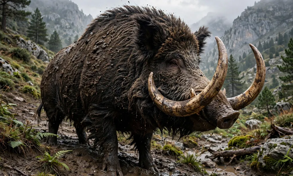 Photorealistic close-up of a colossal wild boar covered in dark brown muddy fur and dirt, with huge ivory curved tusks and bristly mane, standing in a muddy mountain trail surrounded by pine trees and misty rocky cliffs.