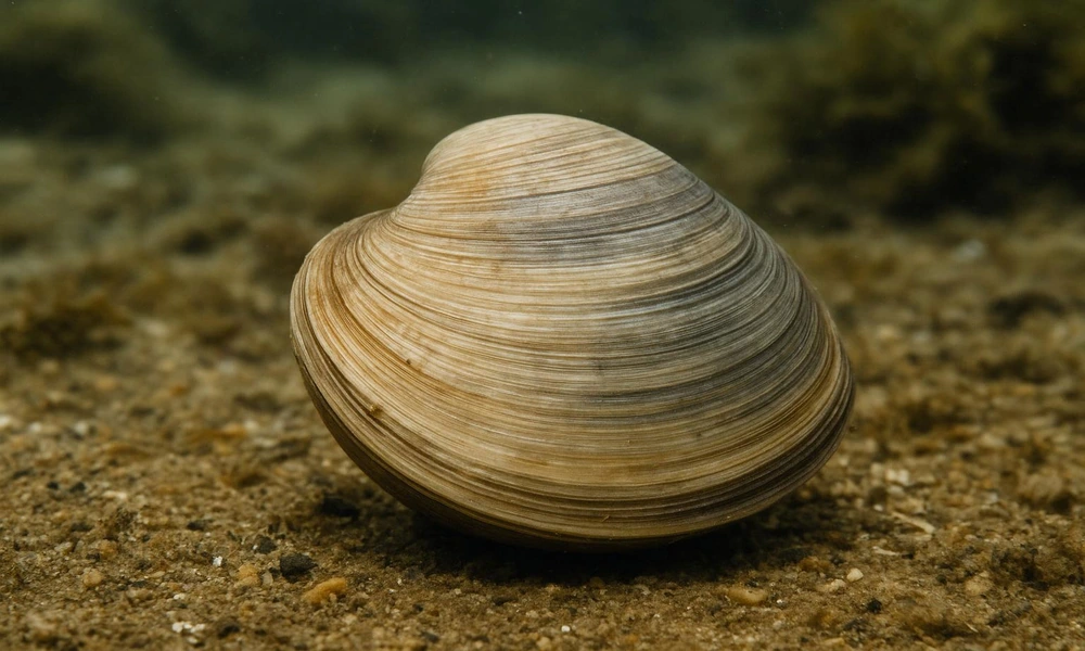 A clam partially buried in sand on the bottom of a shallow marine environment.