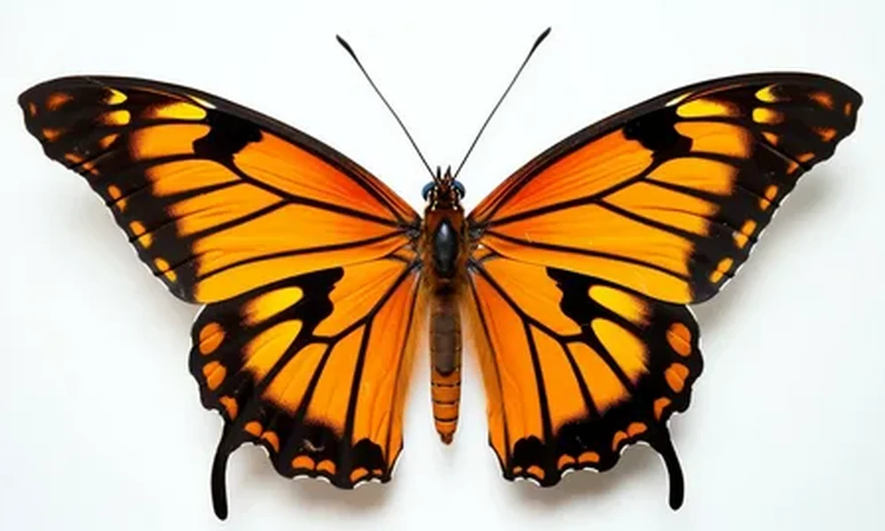 Orange and black butterfly with its wings spread wide against a white background.