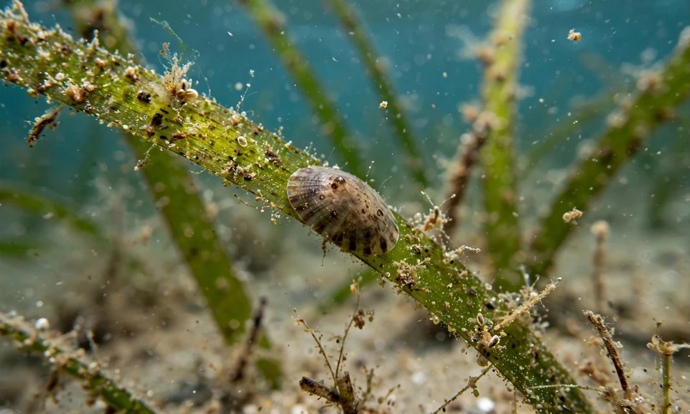 Close-up underwater macro photograph of an Eelgrass Limpet, a small oval marine snail with a light brown translucent shell with dark spots and stripes, attached to a bright green eelgrass leaf covered in tiny marine particles, with sandy seafloor and blurred eelgrass in background.