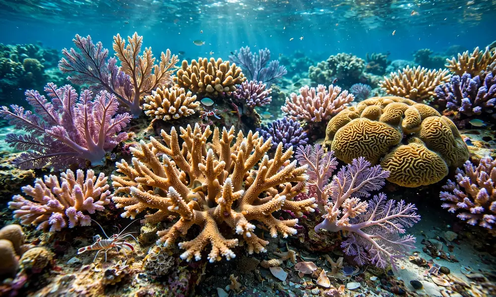 A colorful coral reef growing underwater with branching and rounded coral colonies surrounded by marine life.
