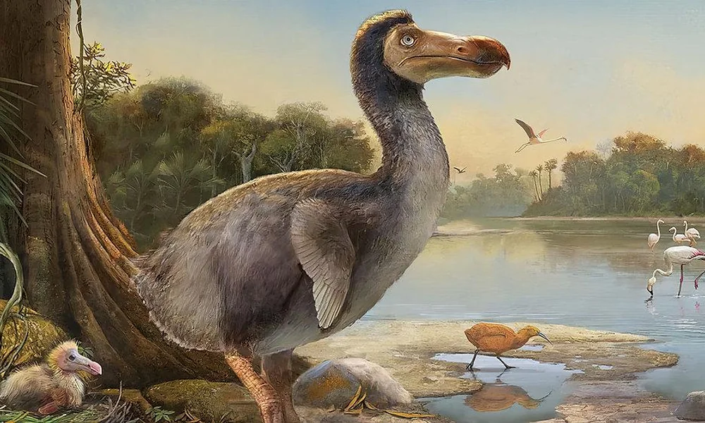 Reconstruction of a dodo bird in its natural woodland habitat on Mauritius.