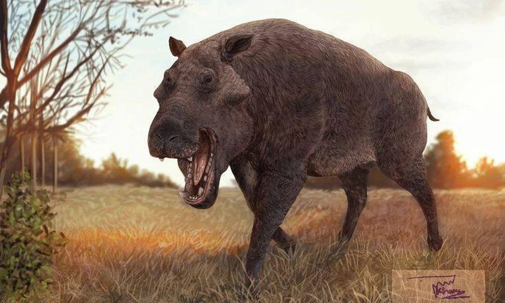 Daeodon walking through a prehistoric North American woodland.
