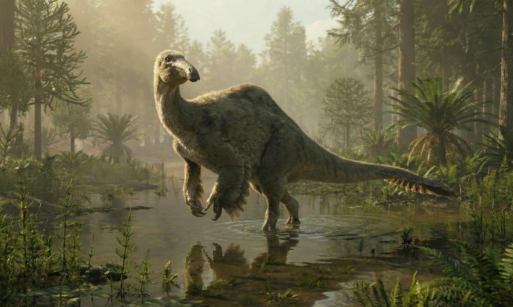 Deinocheirus dinosaur standing beside a prehistoric wetland in Mongolia.