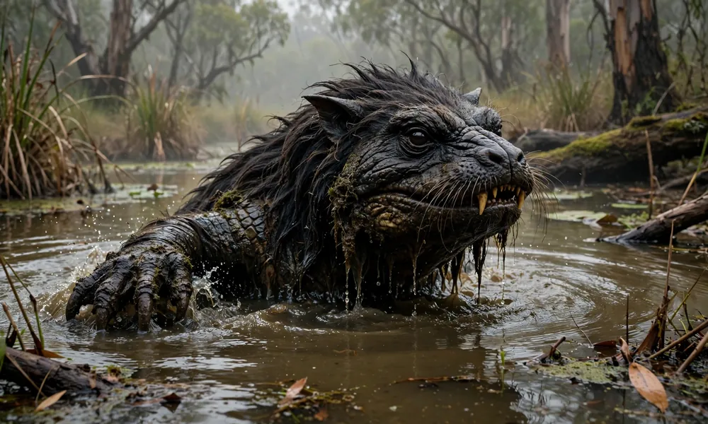 Illustration of the Bunyip, a legendary Australian water creature with dark shaggy fur and tusks, rising from a murky swamp surrounded by reeds and misty trees.