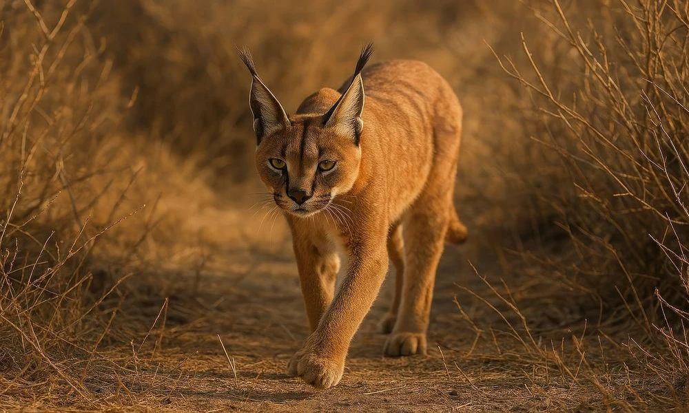 A reddish-brown caracal standing in golden African savanna grass with its long black ear tufts visible.