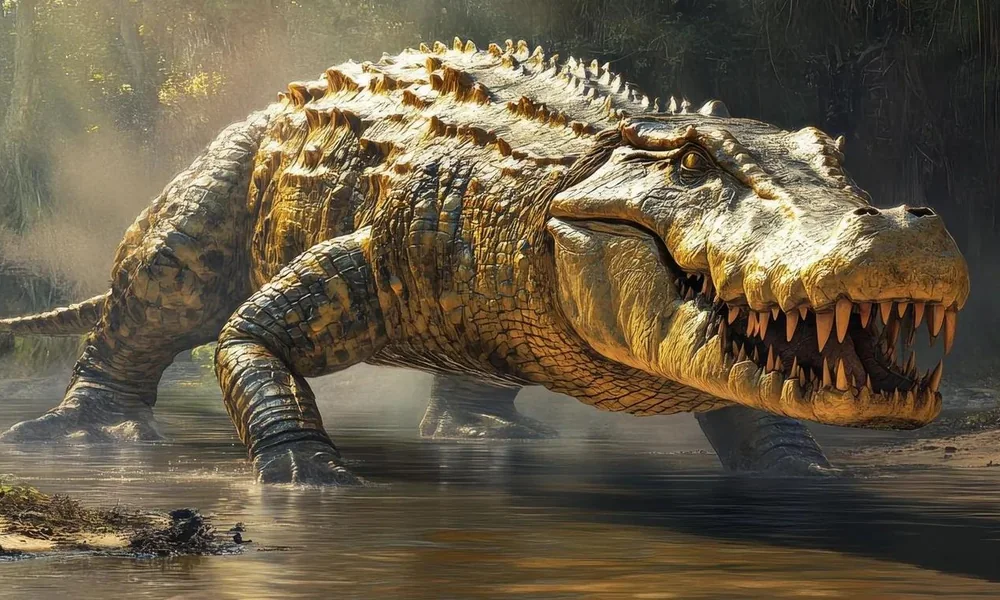 Deinosuchus lurking in a prehistoric North American river.