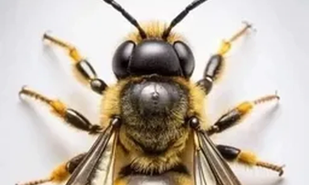 Close-up top view of a fuzzy bee with a black head, golden hair and clear, veined wings against a white background.