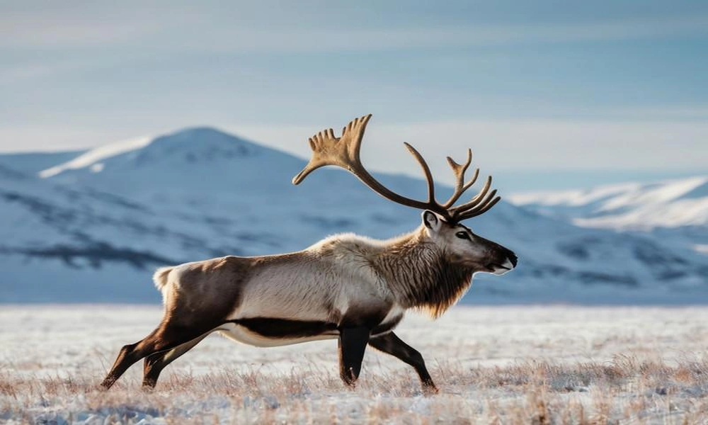 A caribou with large branching antlers walking across a snowy Arctic tundra.