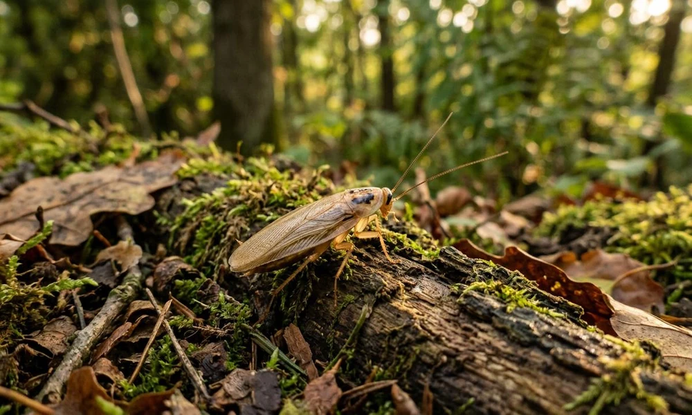 Brown cockroach crawling among fallen leaves and natural debris.