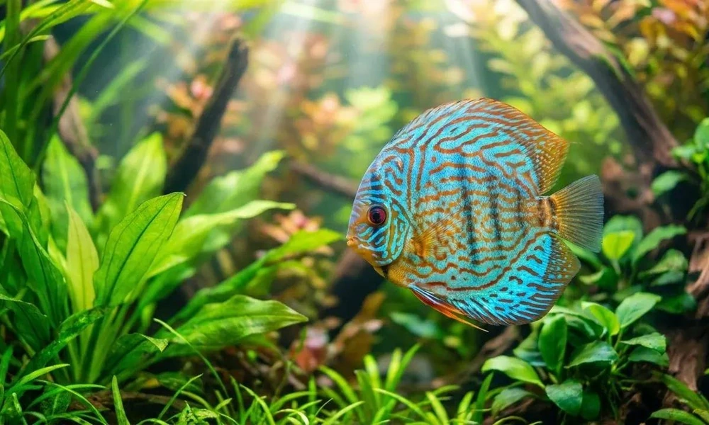 Discus fish swimming among aquatic vegetation in the Amazon basin.