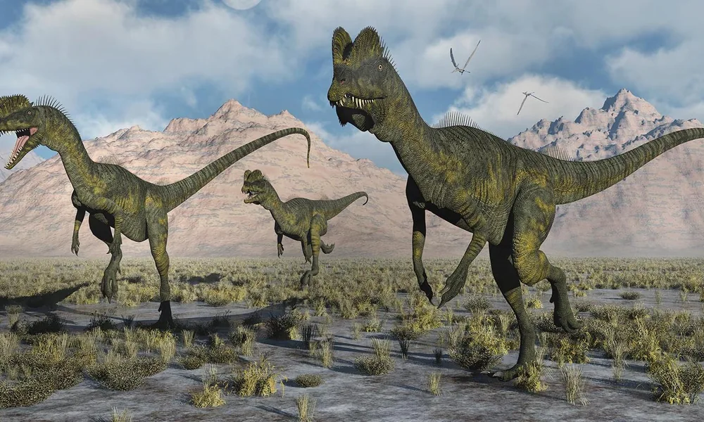 Dilophosaurus standing in an Early Jurassic floodplain landscape.