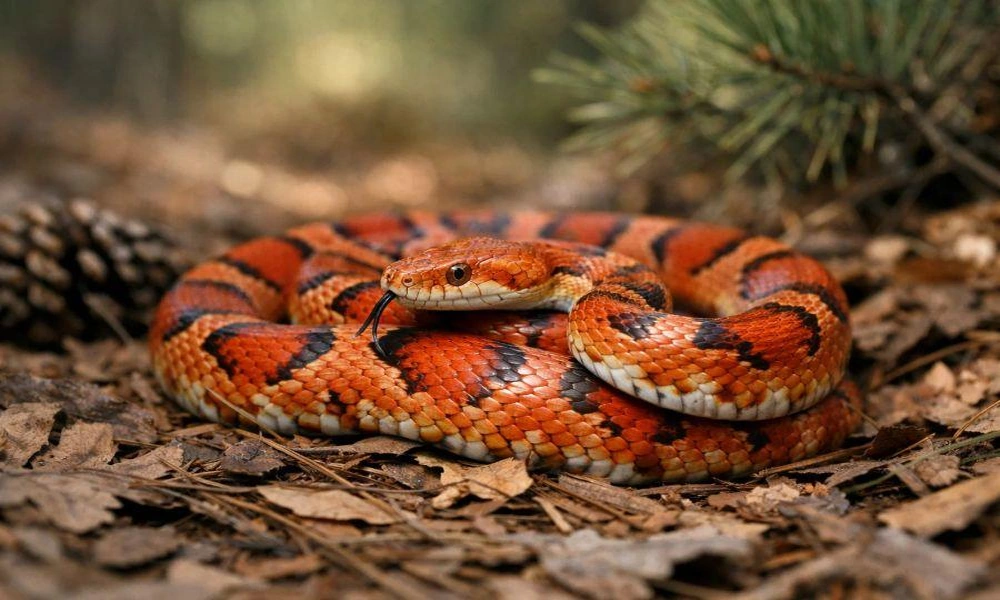 A corn snake with orange and reddish markings slithering across fallen leaves.
