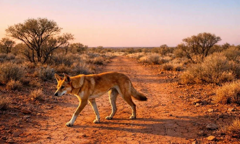 Australian dingo walking through a dry woodland landscape.