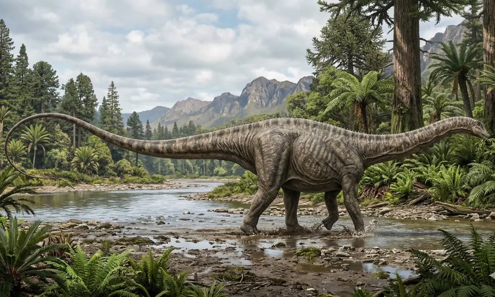 Diplodocus dinosaur feeding in a prehistoric Jurassic woodland.