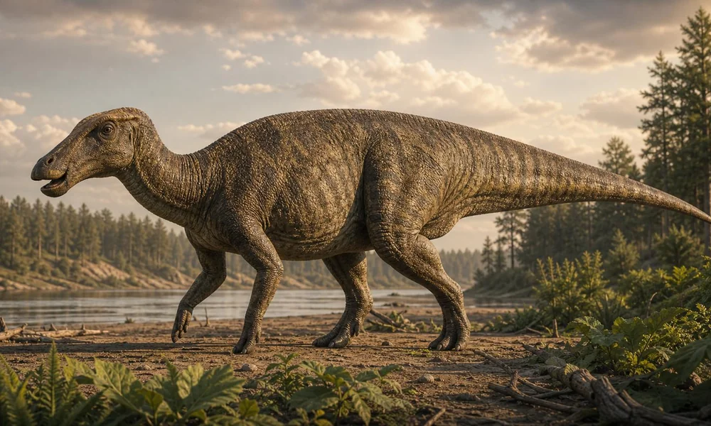 Edmontosaurus hadrosaur dinosaur walking through a prehistoric floodplain.
