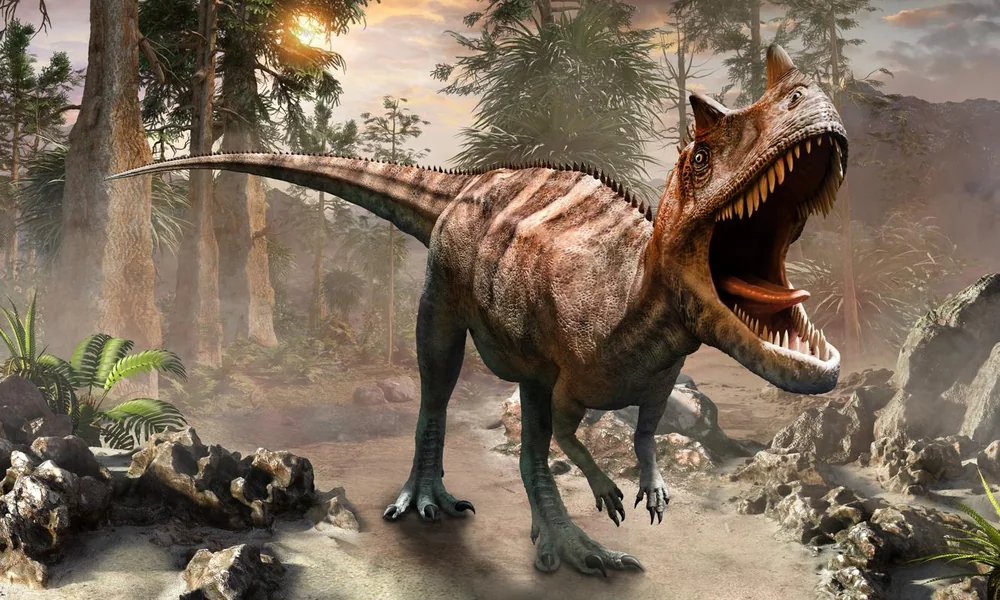 Ceratosaurus displaying its prominent snout horn and bony back plates in a Jurassic landscape.