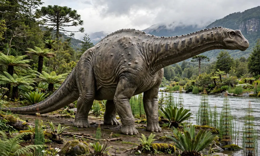 Realistic image of a Dreadnoughtus dinosaur, a giant long-necked titanosaur, in a green prehistoric landscape with ferns, river and mountains.