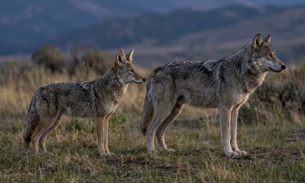 Coyote and gray wolf, two wild canines found across North America