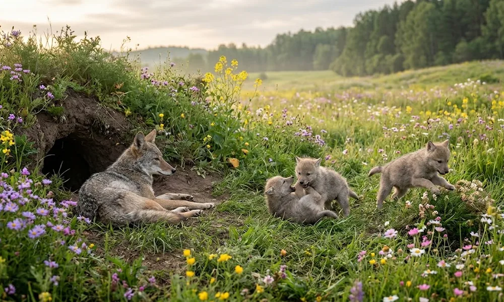 Coyote family, a mother and her pups, native to the meadows and grasslands of North America