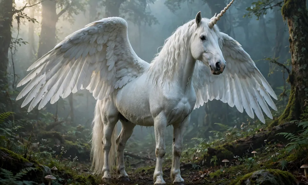 Illustration of a white winged unicorn with a long spiral horn and flowing mane standing on a hilltop against a pink and purple sunset sky