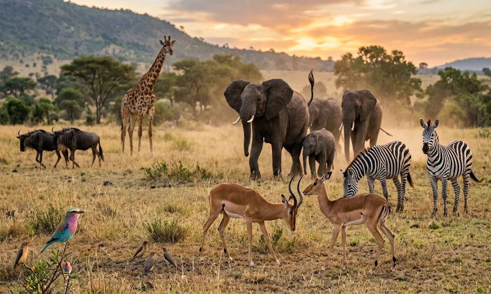 Animals using body language on an African savanna, including two impalas, elephants, zebras and a giraffe.
