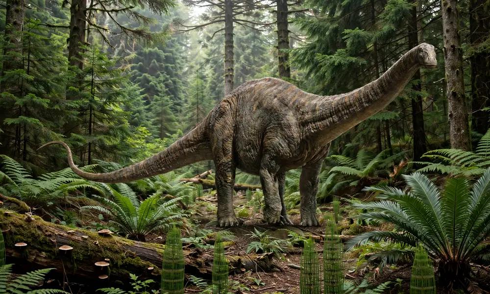 Computer-generated gray Apatosaurus with a long neck and tail standing by a lake, a second dinosaur and green forest behind it