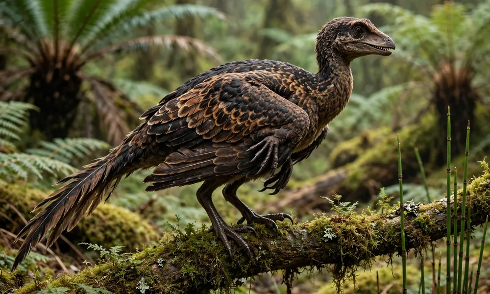 Illustration of Archaeopteryx with red-brown feathers and wide dark-tipped wings flying past tall tree trunks in a forest