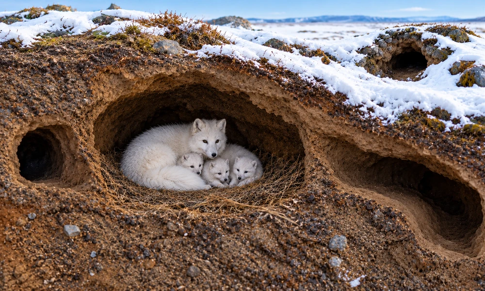 Arctic fox family resting inside an underground den beneath the snowy Arctic tundra