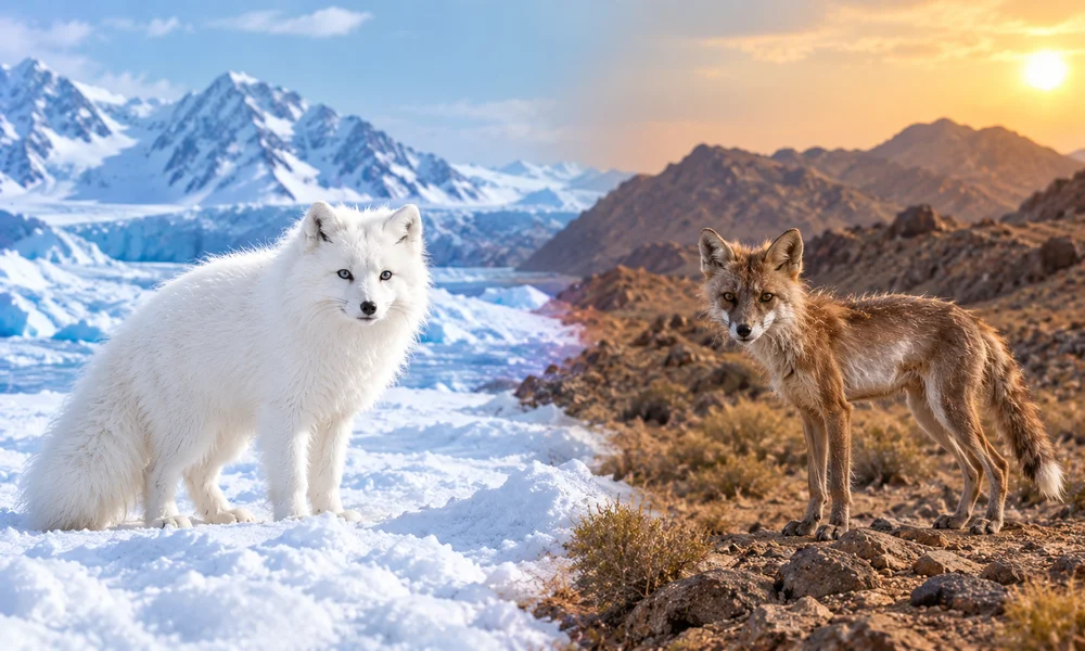 Arctic fox in white winter fur standing in snow beside a brown fox on a rocky, snow-free landscape.