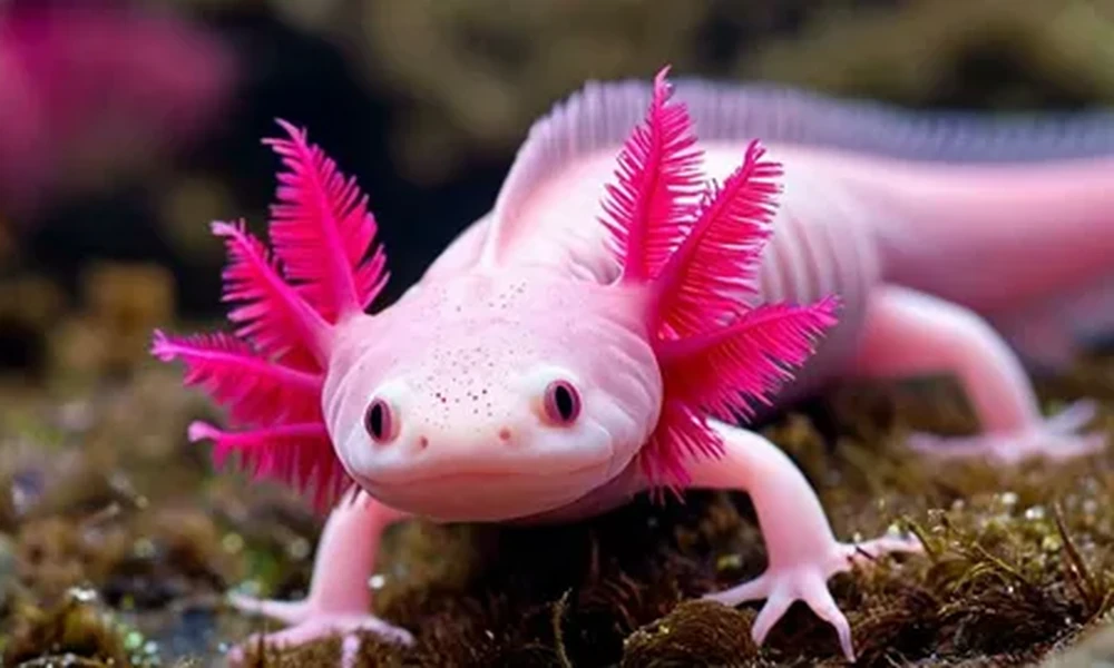 Pale pink axolotl with bright red frilly gills and dark eyes resting on green moss underwater