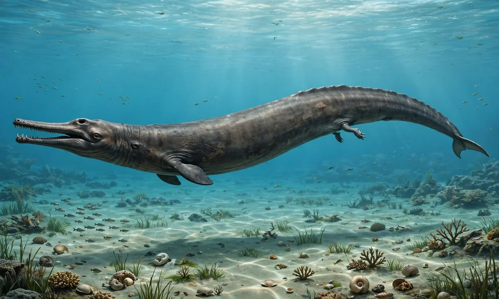 A realistic illustration of Basilosaurus, a long, serpentine extinct whale with a narrow snout and sharp teeth, swimming in clear blue shallow ocean water over a sandy bottom with shells and small fish.