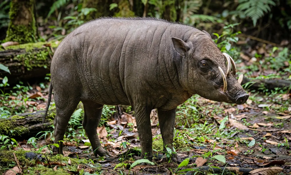 Babirusa wild pig with curled tusks standing on forest floor with green vegetation