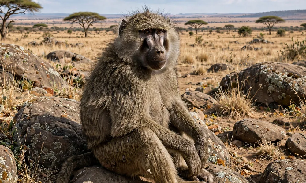 Adult baboon sitting on rocky outcrop in African savanna habitat
