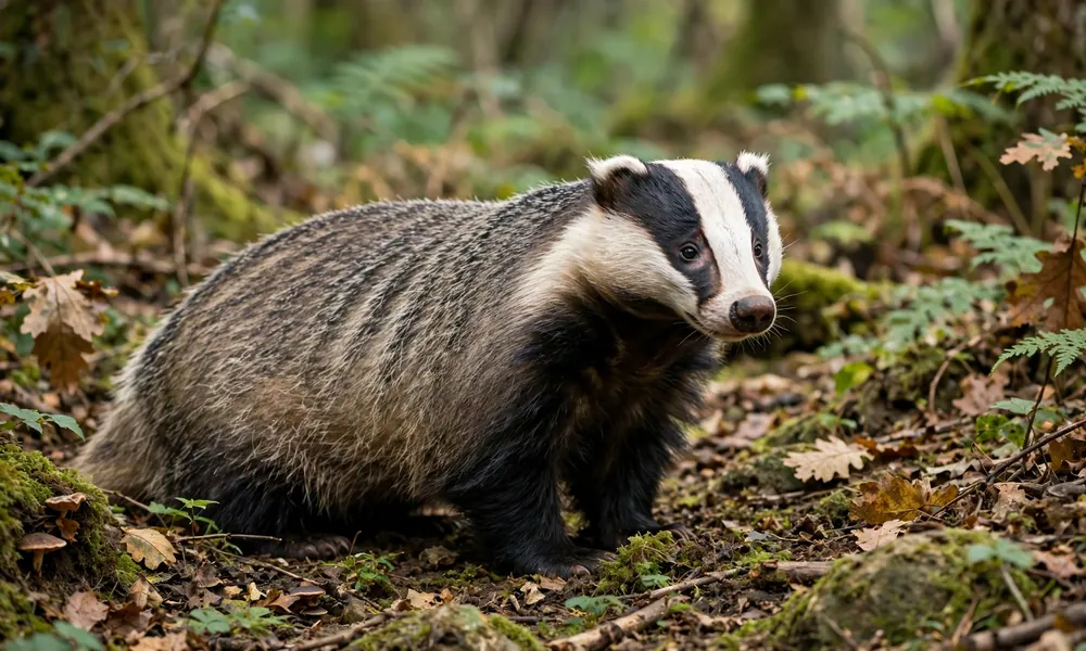 Badger with black and white striped face walking in forest