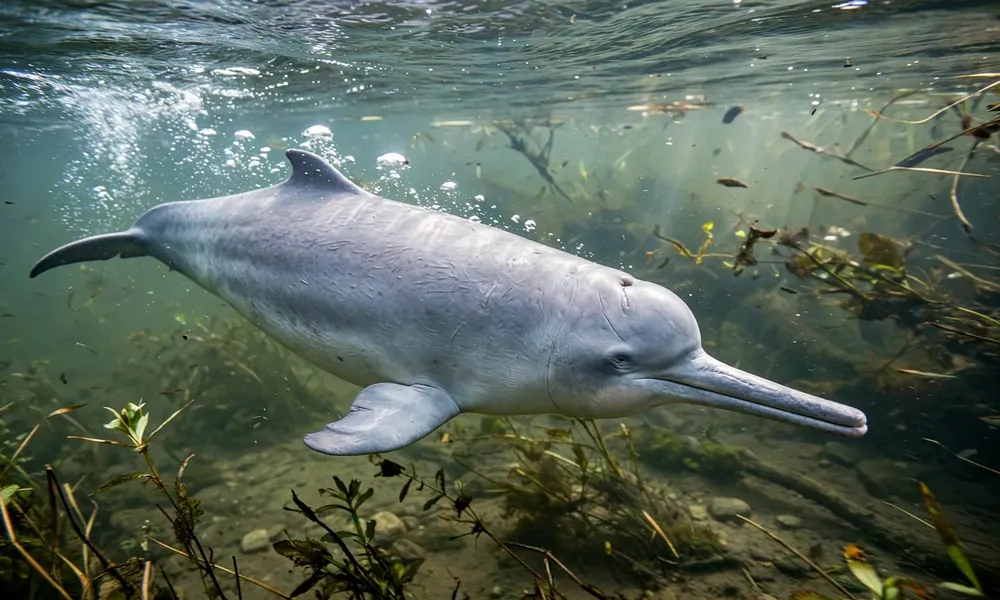 Baiji freshwater dolphin swimming underwater with long beak