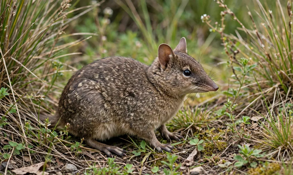 Small brown bandicoot marsupial with pointed nose in grass